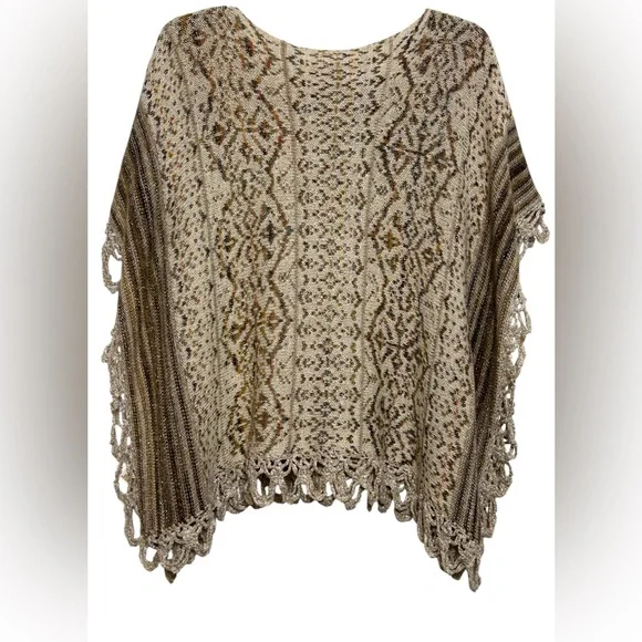 Free People Casablanca Boho Knit Poncho Wool Cream Brown XS - Picture 6 of 14